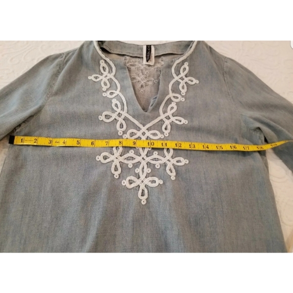 Chambray denim tunic dress embroidered boho Small - Picture 2 of 8